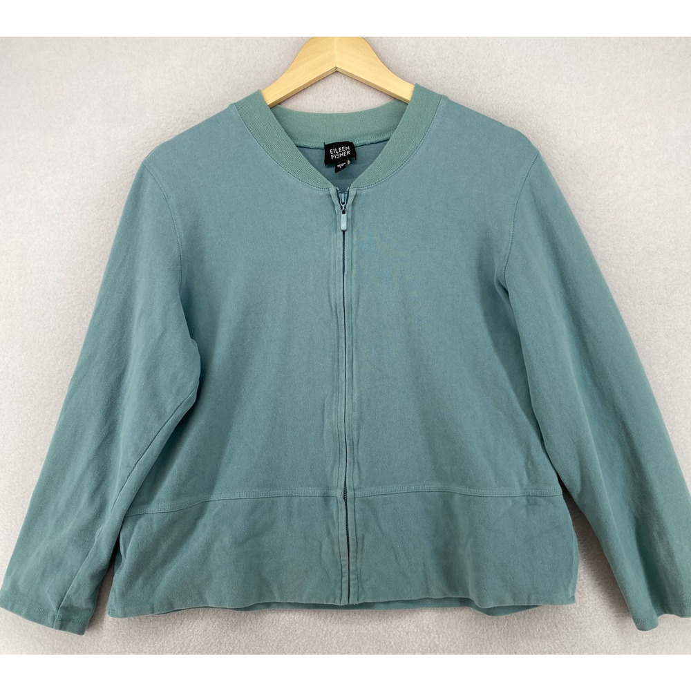EILEEN FISHER Jacket L Heavy Brushed Jersey Cotton Track Full Zip Blue VTG - Picture 3 of 13